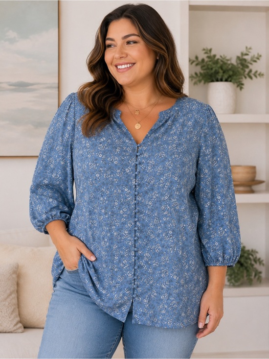 Jachs Tops - Jachs Girlfriend Blue Ditsy Floral Button Front 3/4 Sleeve Blouse